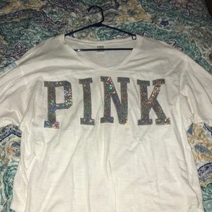 PINK Glitter Lettered 3/4 Sleeve Top